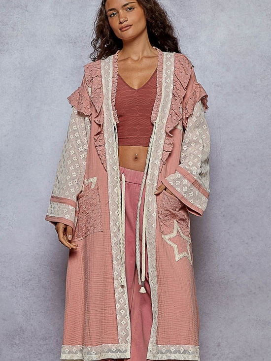 POL Jackets & Blazers - NEW!!! POL Woven Pink Ruffled Duster with Lace Trim, NWT